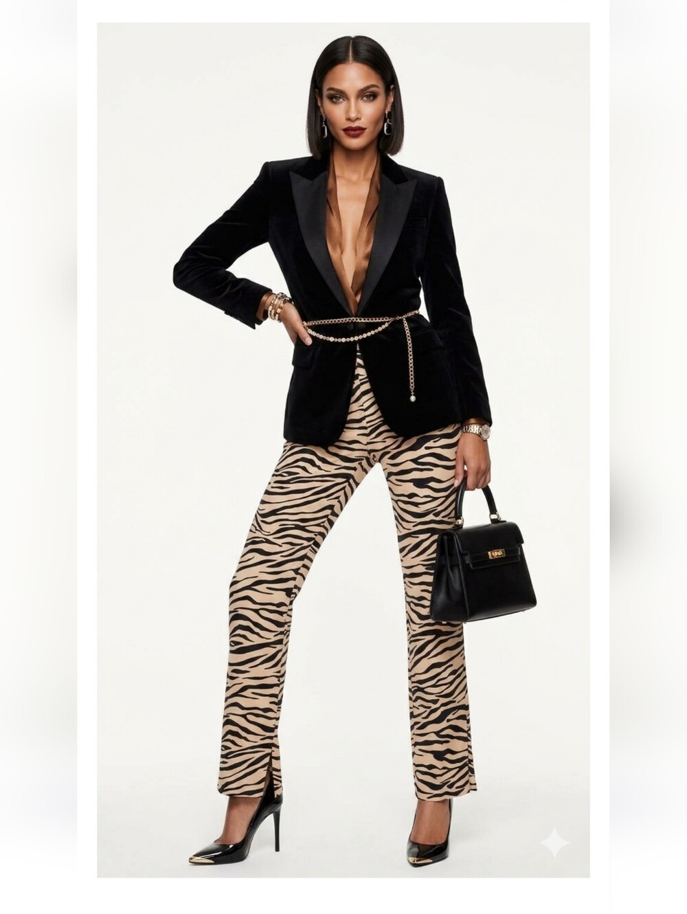 ZARA Women's Zebra Print Split Hem Straight-Leg Pants Viscose Beige Black S - Picture 2 of 13